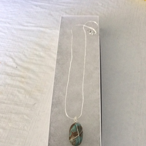 Silver Color Necklace with Turquoise and Brown Pendant NWOT * - Picture 5 of 5